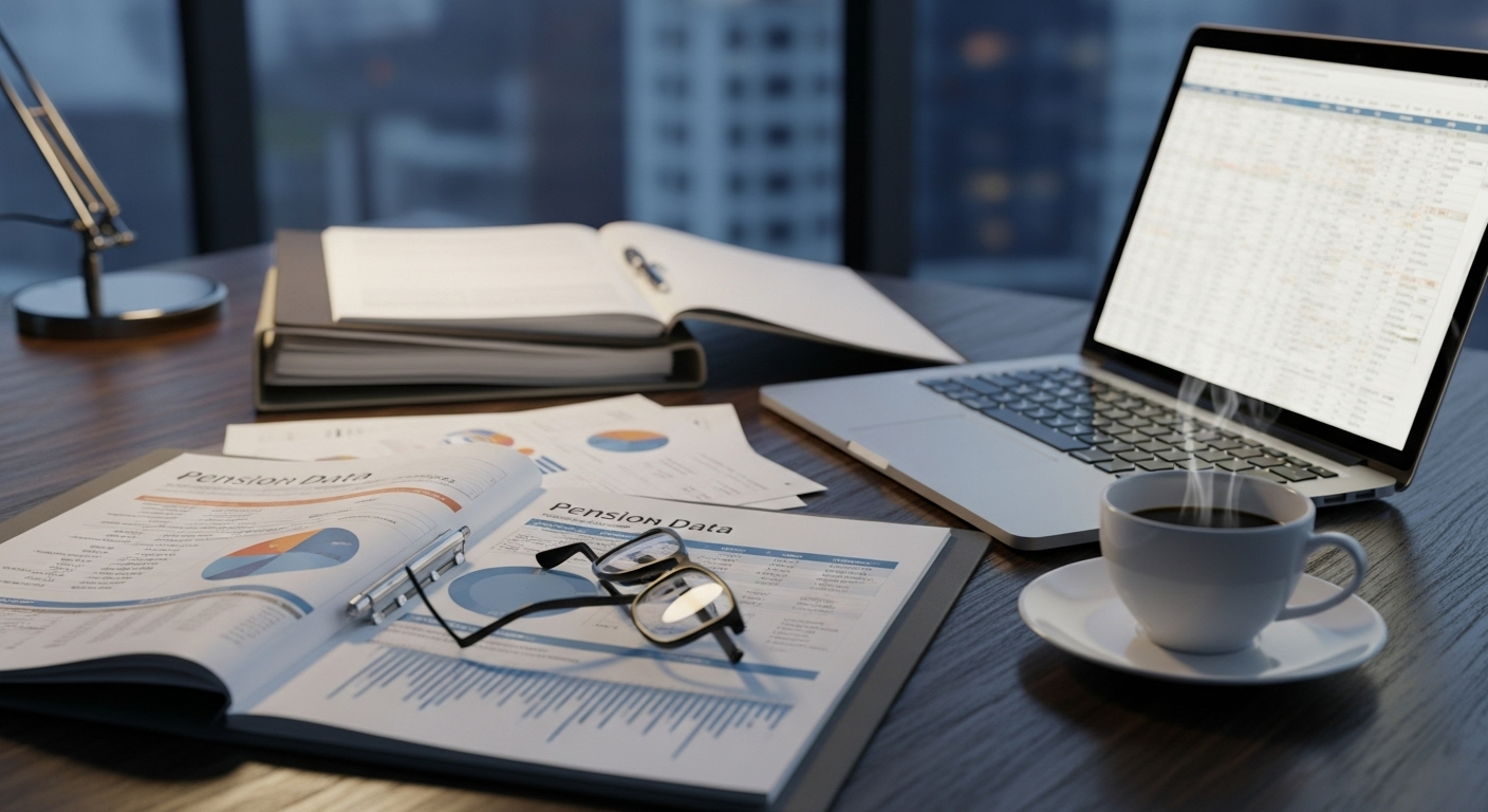 책상 위에 연금 자료와 노트북, 커피 한 잔