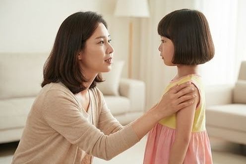 딸과 눈높이를 맞추고 차분히 말을 건네는 엄마