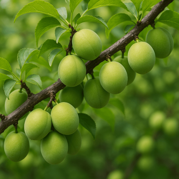 나뭇가지에 달린 초록색 풋매실의 모습