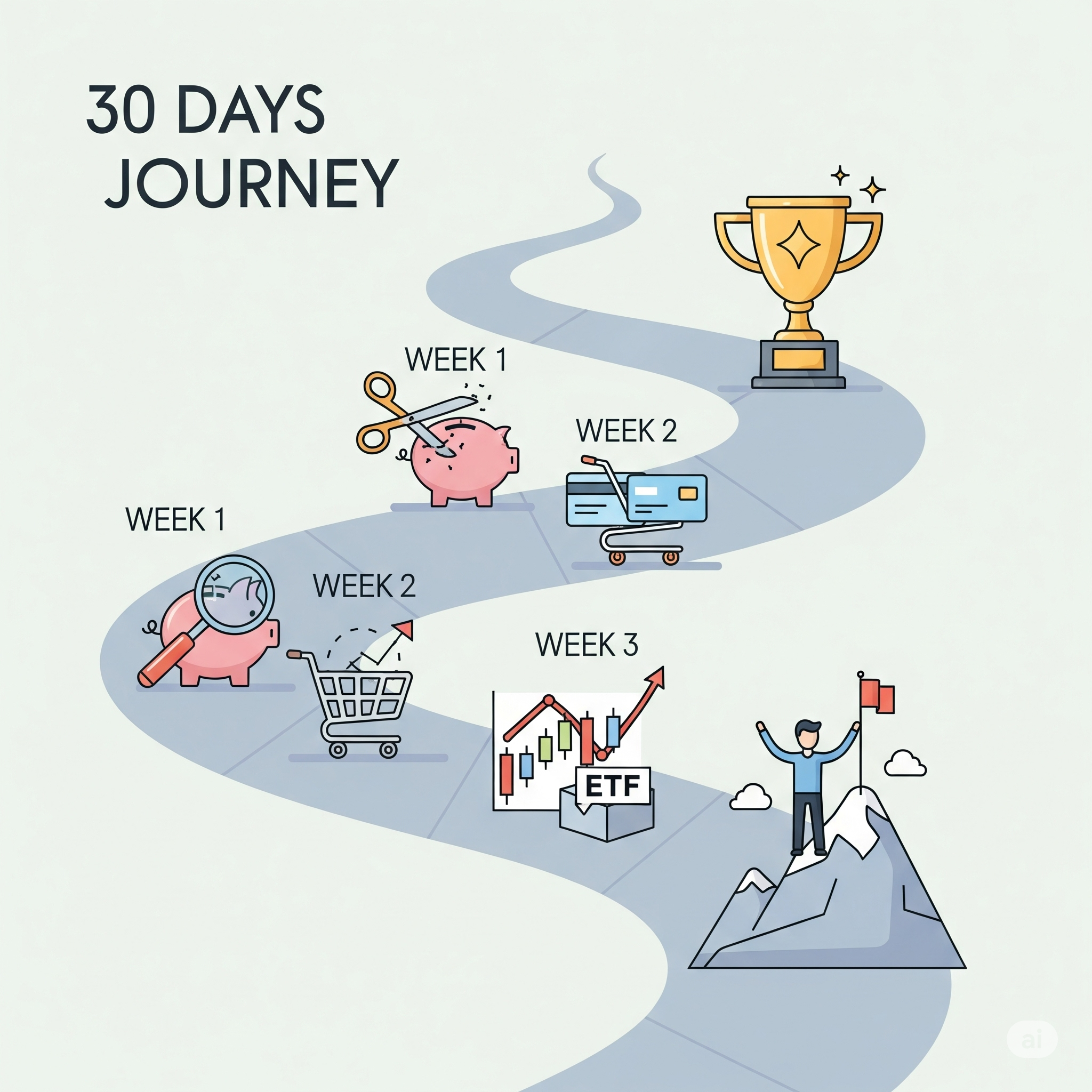 30일 재테크 챌린지 총정리 - 4주간의 성장 과정을 보여주는 인포그래픽