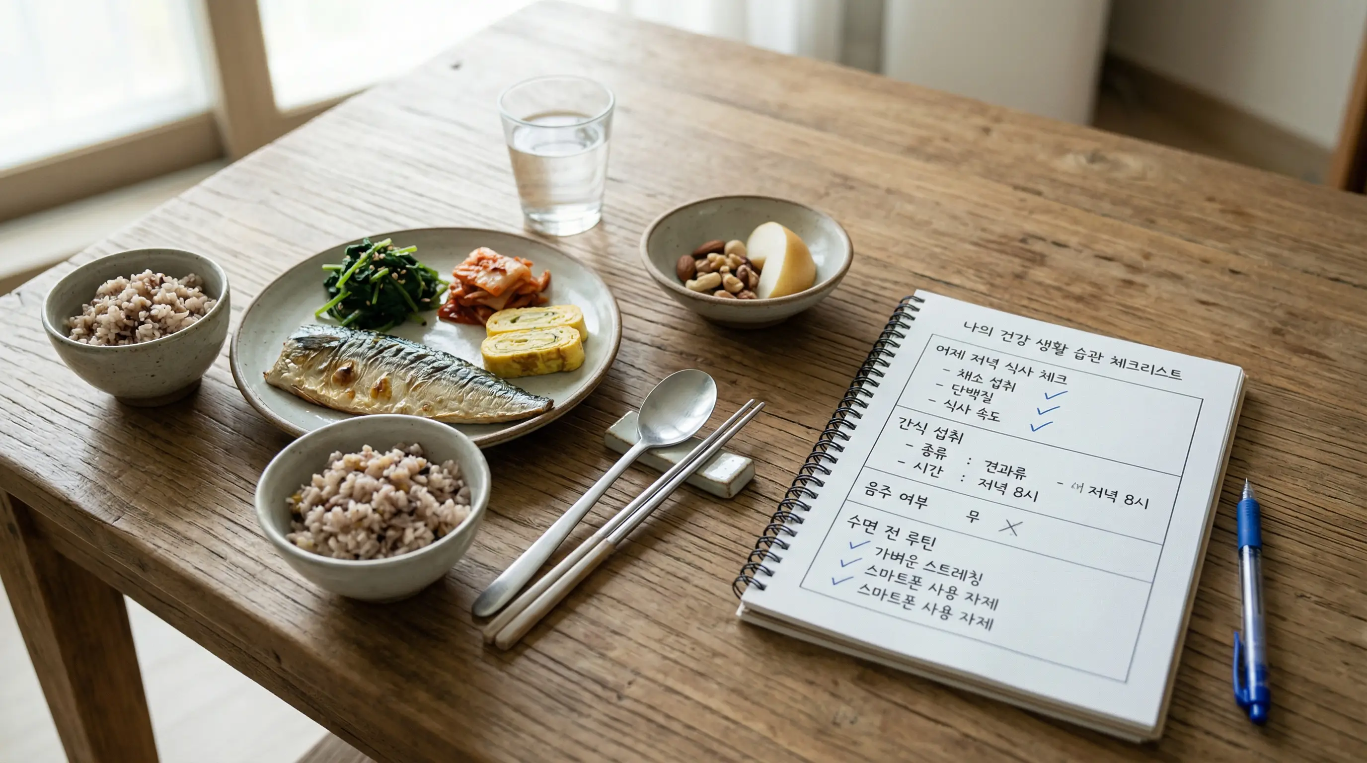 저녁 습관과 아침 혈당 체크포인트를 설명하는 이미지