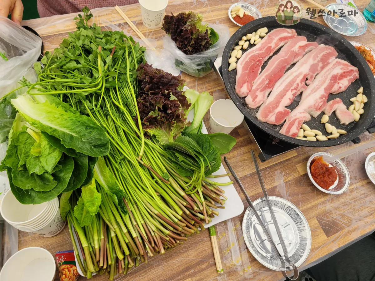 미나리삽겹살-3번집-미나리-준비해간야채와마늘-가게구입삼겹살