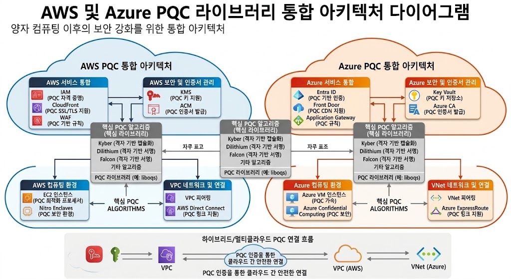 각 클라우드 업체의 PQC(KEM, Signature) 표준 라이브러리와 기존 인프라가 결합되는 하이브리드 아키텍처 및 연동 프로세스