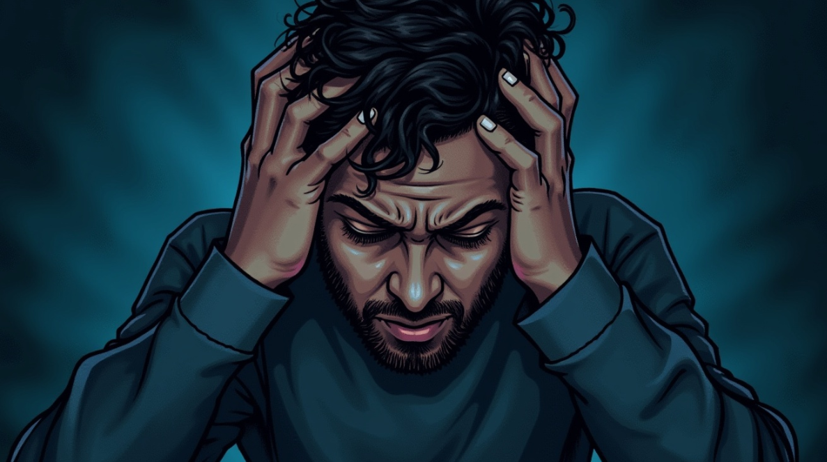 두통의 원인을 몰라 힘들어 하는 모습