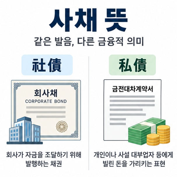 회사채 증서와 개인 대출 계약서를 나란히 배치하고 사채 뜻이라는 글자가 중앙에 놓인 금융 용어 인포그래픽