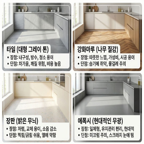 주방 바닥재 선택, 청소하기 쉽고 안전한 바닥 만들기