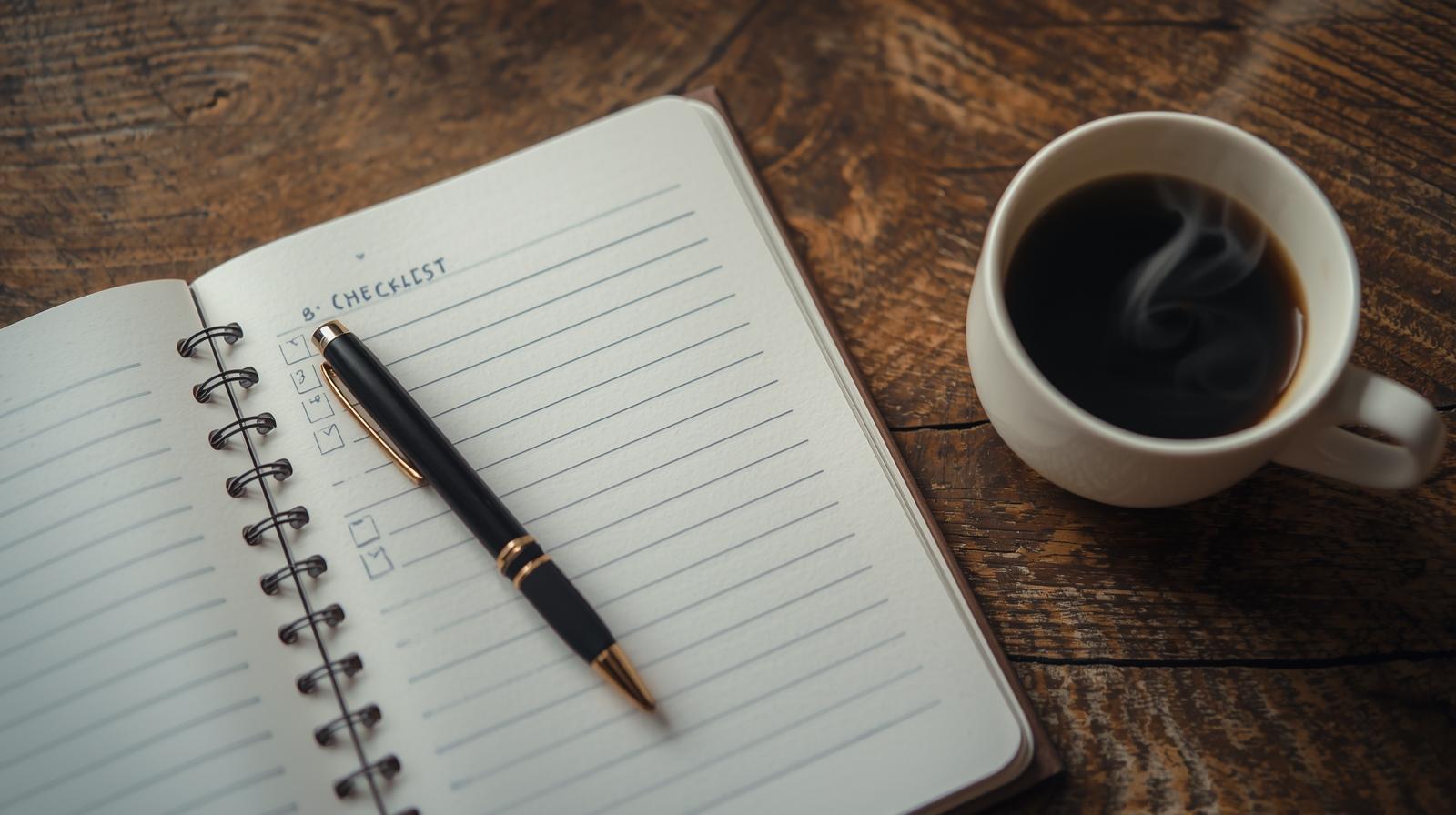 자산 점검표를 작성하는 다이어리와 커피 컵