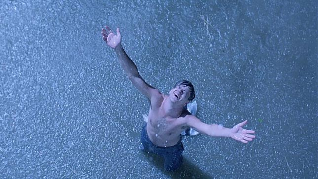 두 팔을 들고 자유를 만끽하는 주인공 앤디 듀프레인(팀 로빈스)