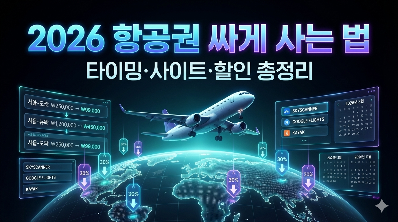 2026년 기준 항공권을 가장 저렴하게 예약하는 방법을 한눈에 정리한 썸네일입니다.
예약 타이밍, 항공권 검색 사이트 비교, 숨겨진 할인 팁까지 포함해 여행 비용을 크게 줄일 수 있는 핵심 전략을 시각적으로 표현했습니다.
해외여행&middot;국내여행을 계획 중인 분들을 위한 실전 항공권 절약 가이드입니다.