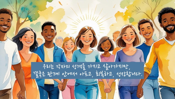 우리는 각자의 성격으로 살아가지만, 결국은 관계 속에서 상처받고, 회복하며 성장합니다에 관한 그림