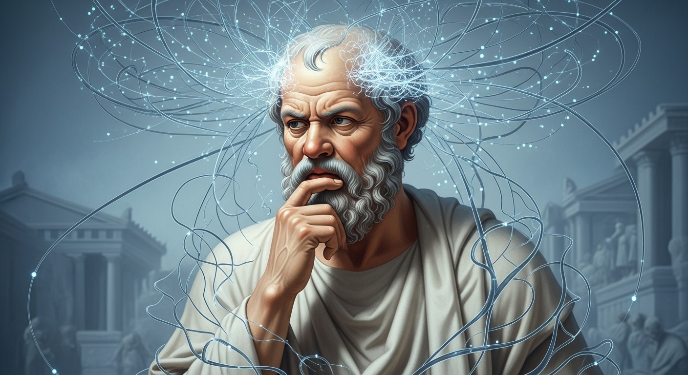 고대 철학자가 깊은 생각에 잠겨있는 모습, 메타인지의 역사적 뿌리를 상징.
