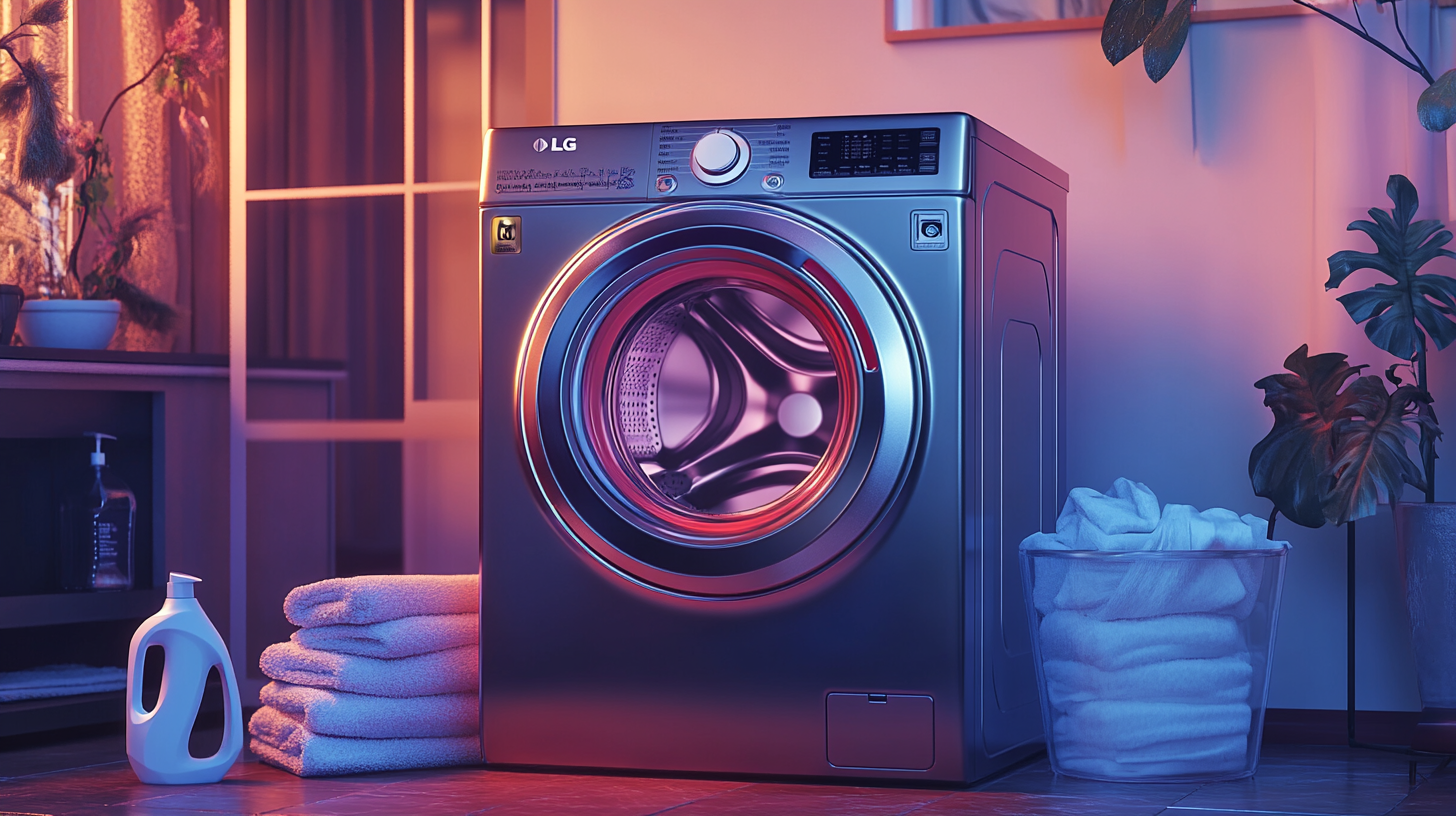 우아한 가정 환경에 자리 잡은 감각적이고 세련된 디자인의 LG 세탁기가 깔끔하고 정돈된 세탁용품들로 둘러싸여 있는 모습