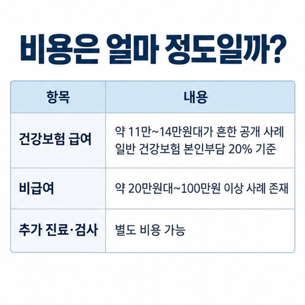 건강보험 급여 약 11만에서 14만원대와 비급여 약 20만원대에서 100만원 이상 사례를 비교한 수면다원검사 비용 표