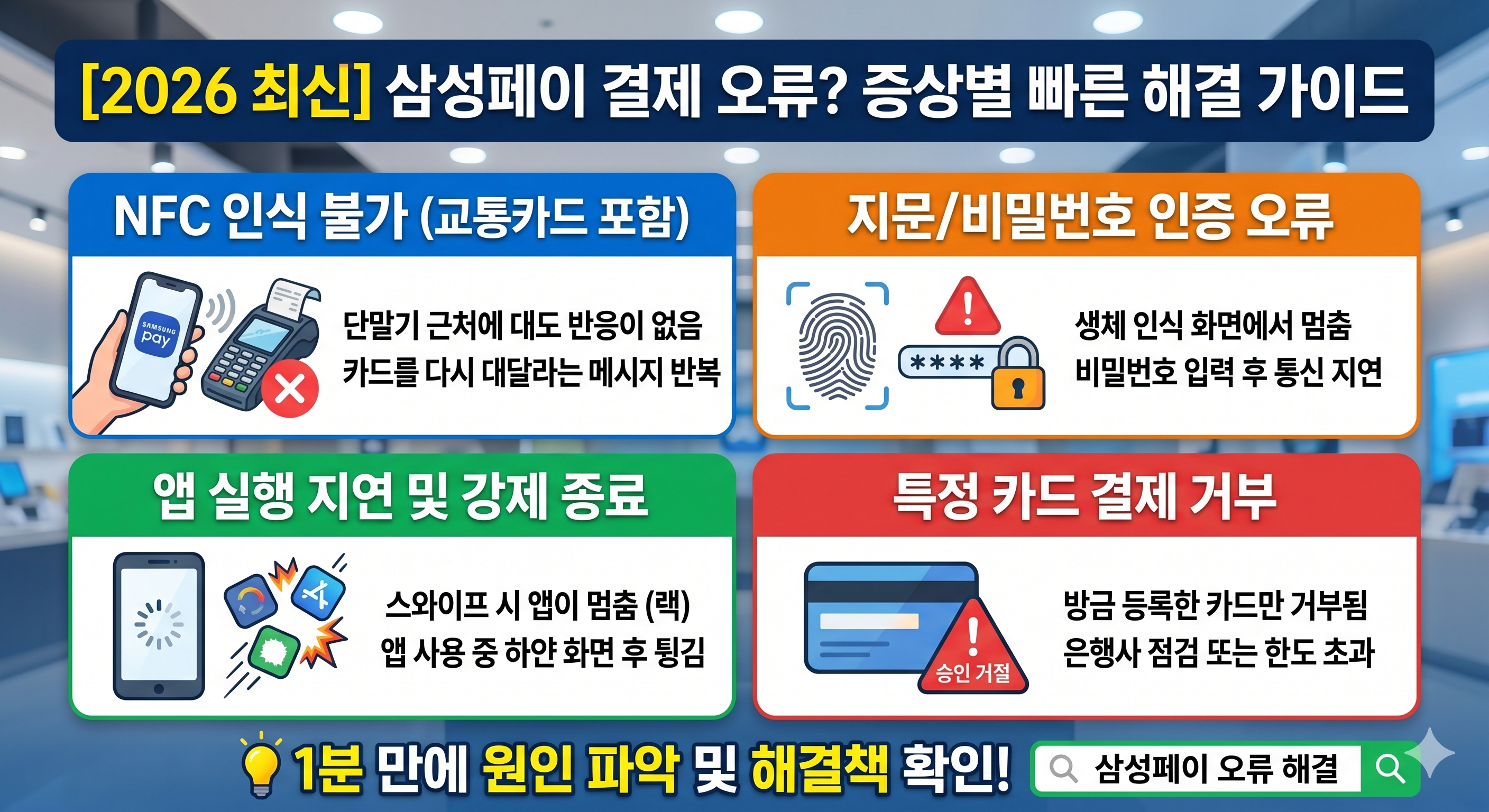 "삼성페이 결제 오류? 1분 만에 해결 (2026 최신 가이드)"