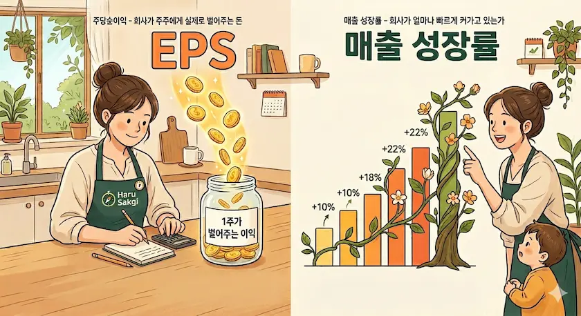 경제 블로거 하루쌓기가 설명하는 기업 성장성 지표 EPS와 매출 성장률 일러스트. 왼쪽에는 돈이 담기는 유리병과 엄마의 모습이, 오른쪽에는 성장하는 그래프 식물과 엄마, 아이의 모습이 그려져 있음.