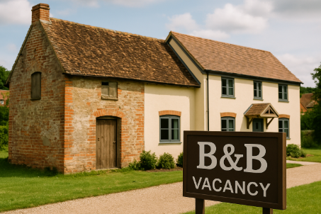 &quot;리모델링된 시골 빈집이 숙박업으로 운영되는 모습을 표현한 일러스트, 'B&amp;B VACANCY' 간판이 걸린 주택&quot;