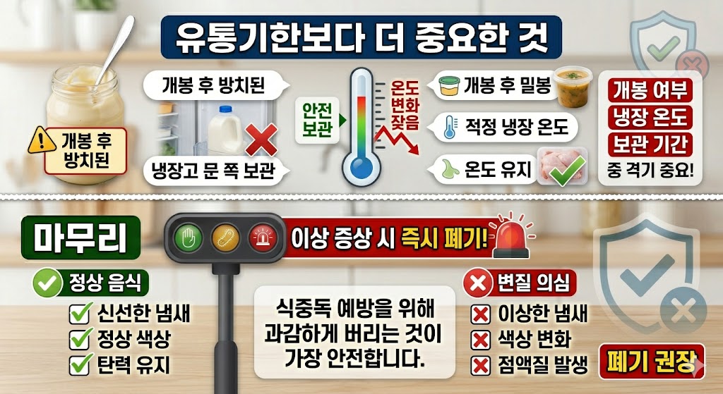 유통기한보다 중요한 음식 보관 안전 수칙과 마무리를 정리한 인포그래픽 이미지. 상단에는 '유통기한보다 더 중요한 것'이라는 제목과 함께 개봉 후 방치된 음식, 냉장고 문 쪽 보관의 위험성을 경고하고, 적정 온도 유지와 밀봉의 중요성을 온도계와 아이콘으로 설명하고 있다. 하단 '마무리' 섹션에는 신선한 음식의 특징(신선한 냄새, 정상 색상, 탄력 유지)과 변질 의심 증상(이상한 냄새, 색상 변화, 점액질 발생)을 대조하여 보여주며, 이상 증상 시 식중독 예방을 위해 과감하게 버릴 것을 권장하는 폐기 가이드가 포함되어 있다.