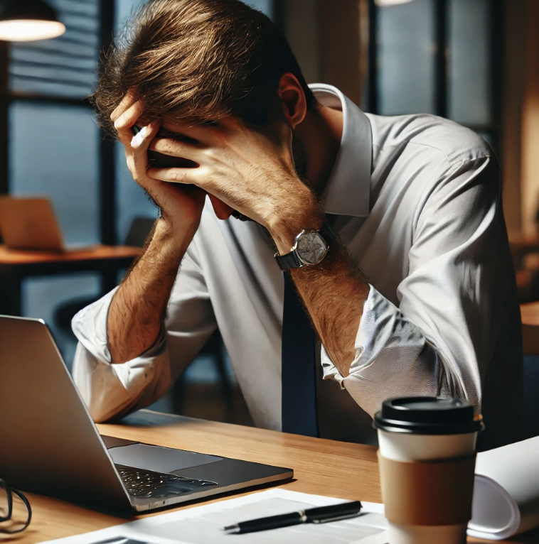 업무 스트레스로 인한 피로를 느끼는 남성