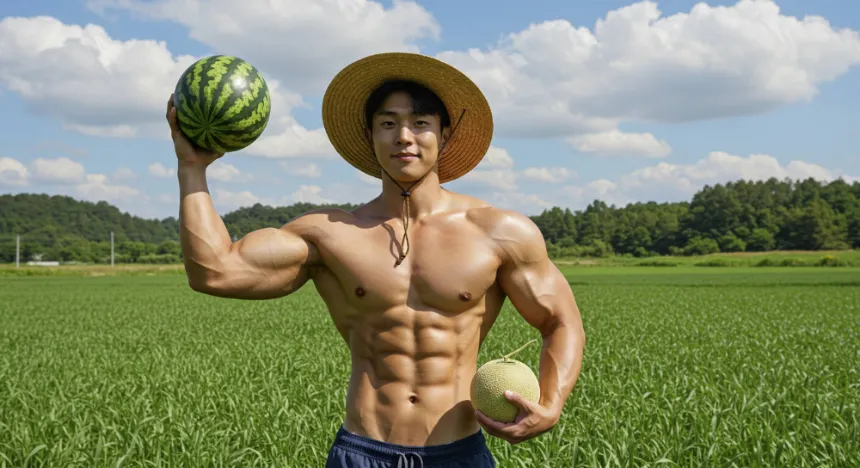 밭에서 수박과 멜론을 들고있는 남성 이미지