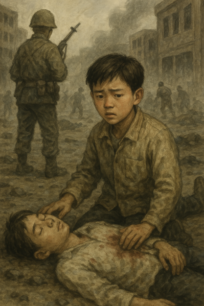 "전쟁으로 폐허가 된 도시 속에서 소년이 피를 흘린 친구의 시신을 부여잡고 슬퍼하는 장면. 뒤로는 총을 든 군인과 혼란스러운 사람들이 희미하게 보이며, 광주의 참혹했던 5월을 상징적으로 표현한 그림."