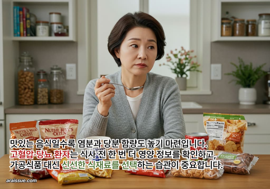 맛있는 음식일수록 염분과 당분 함량도 높기 마련입니다. 고혈압&middot;당뇨 환자는 식사 전 한 번 더 영양 정보를 확인하고, 가공식품 대신 신선한 식재료를 선택하는 습관이 중요합니다.
