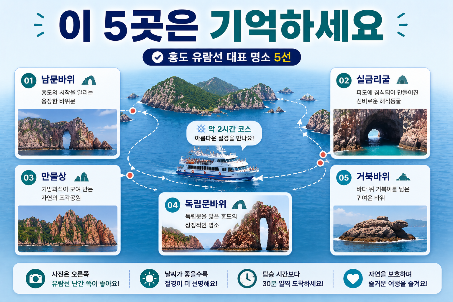홍도 유람선 대표 명소 남문바위 실금리굴 만물상 독립문바위 거북바위 안내 이미지
