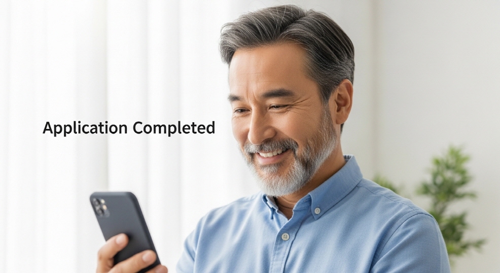 &lsquo;신청 완료&rsquo; 메시지를 보고 웃는 중년 남성