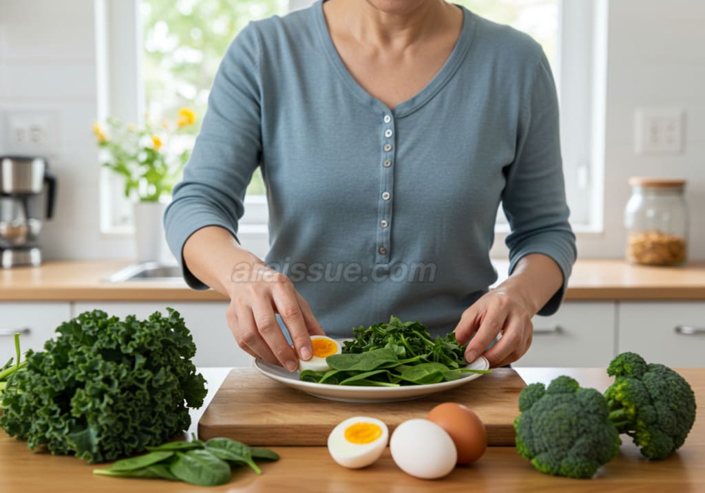 케일, 시금치, 브로콜리, 달걀 노른자가 담긴 식사를 준비하는 한국 중년 여성. 눈 건강에 좋은 식품을 강조하는 모습입니다.