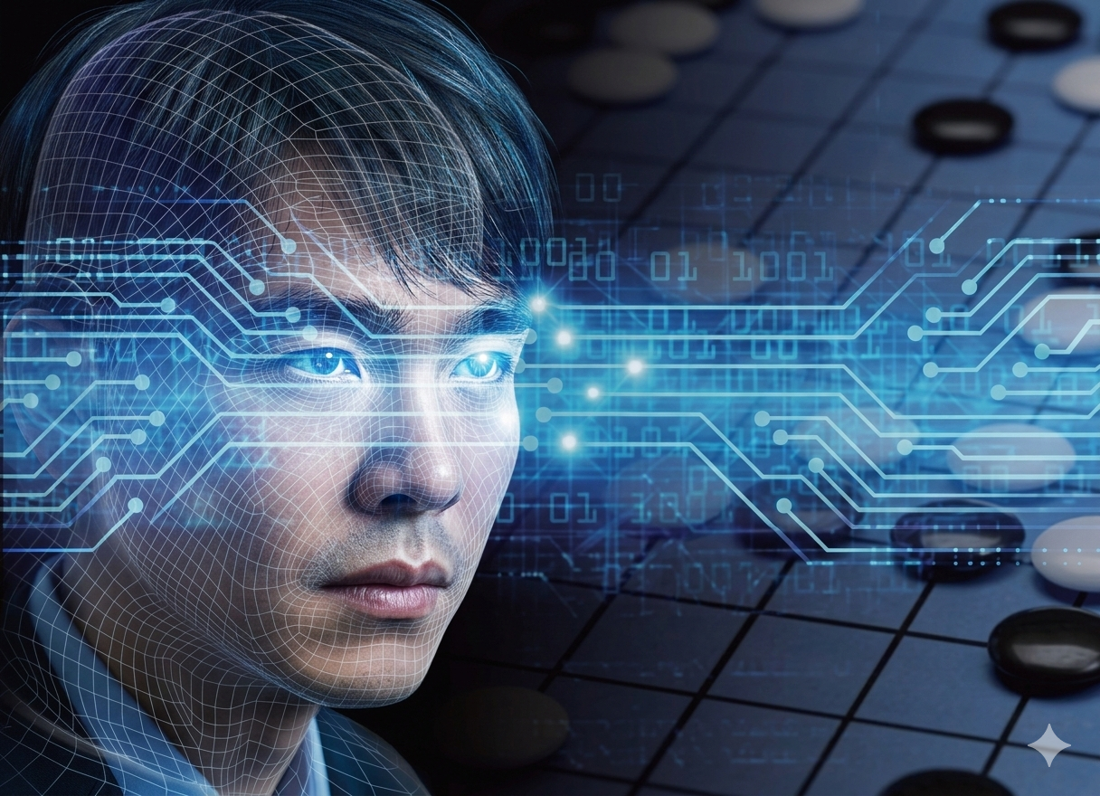 푸른색 디지털 회로와 인공지능 그래픽이 이세돌 9단의 머리 부분을 감싸고 있으며, 배경에는 바둑판이 희미하게 보이는 이미지입니다.