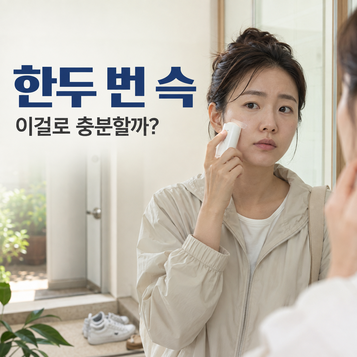 거울 앞에서 볼에 선스틱을 한 번 바른 뒤 충분한지 확인하는 모습