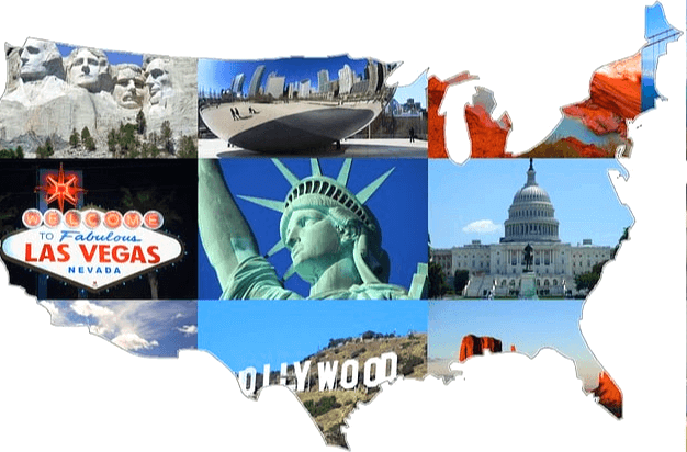 미국 지도가 있고 지도 안에는 미국을 상징하는 대통령 바위, 자유의 여신상, 헐리우드, 국회의사당 사진이 있다.