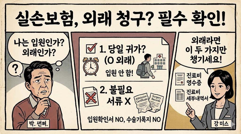 외래 청구인지 입원 청구인지 구분하고 불필요 서류를 제외하는 기본 확인 흐름 설명 이미지