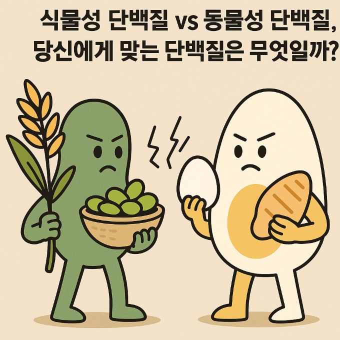식물성 단백질과 동물성 단백질을 상징하는 두 캐릭터가 서로 마주보고 서 있다. 한쪽은 푸릇한 콩과 귀리를 들고 있고, 다른 쪽은 달걀과 닭가슴살을 들고 있으며, 서로 다른 표정으로 우열을 겨루는 듯한 상황. 배경은 중립적이며, 선택의 갈등을 표현한 구도.