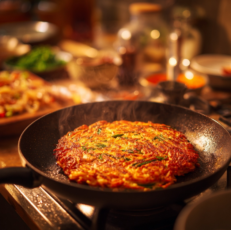 김치전을 부치는 모습