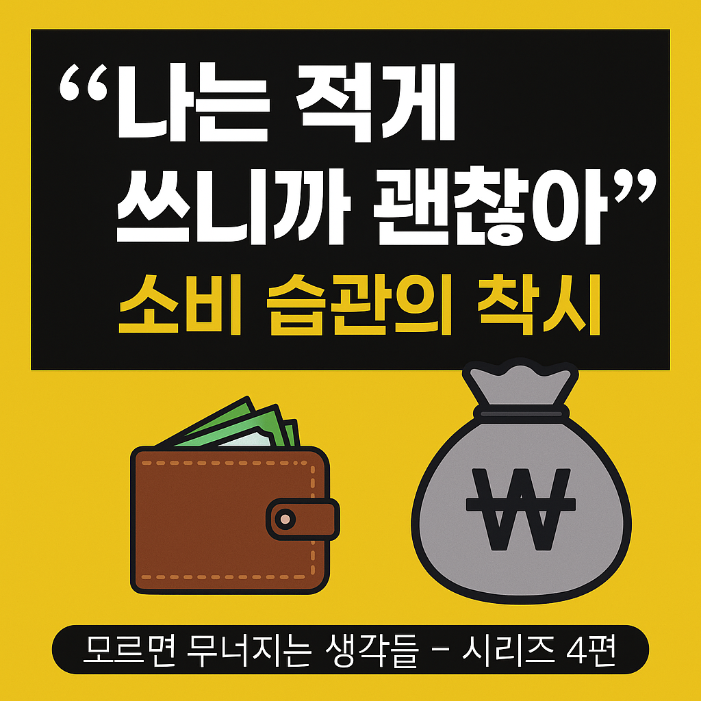절약만으로는 충분하지 않다는 메시지를 담은 한국어 썸네일 이미지. 검은 배경에 노란색 텍스트로 &lsquo;적게 쓰면 괜찮을까?&rsquo;라는 문구가 강조되며, 소비 착각에 대한 경고와 루틴 재설계의 필요성을 시각적으로 표현한 디자인.