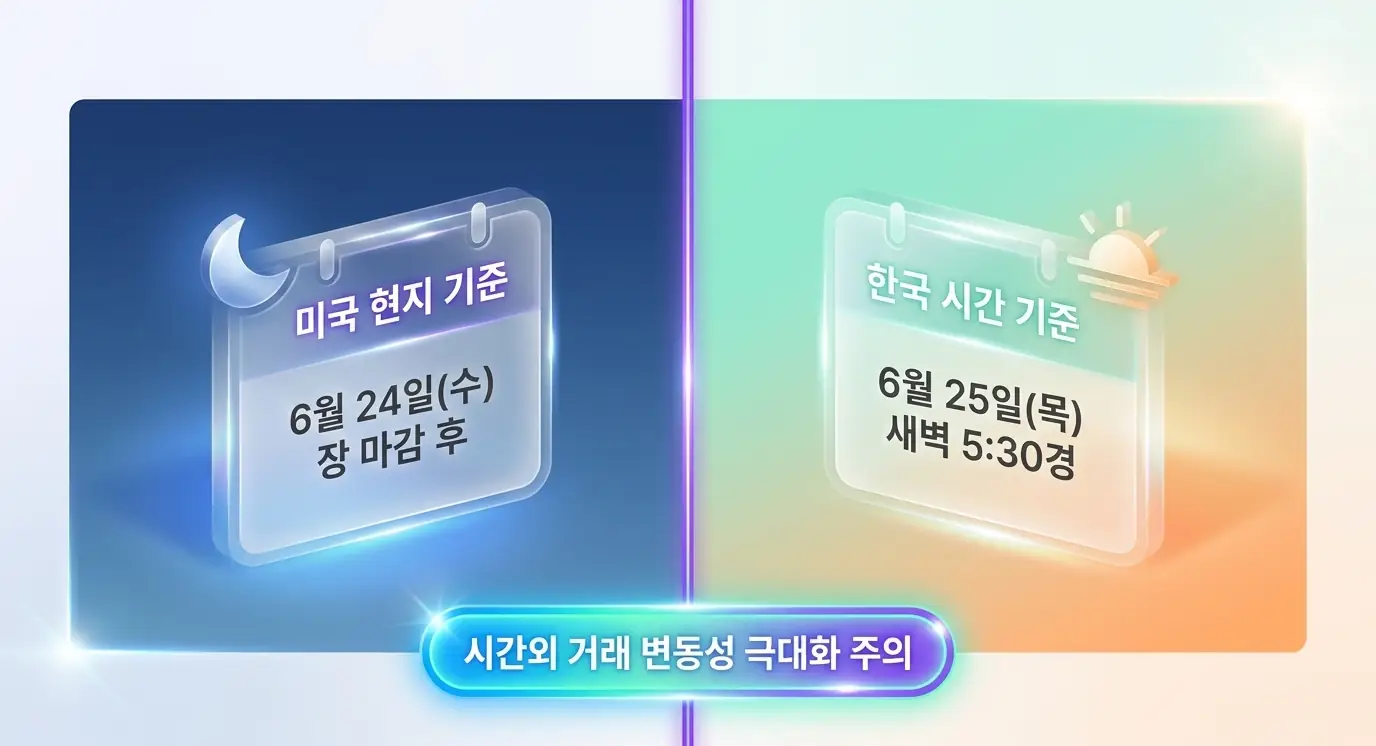 마이크론 실적발표일과 실적발표 시간을 미국 현지 6월 24일 장 마감 후&amp;#44; 한국시간 6월 25일 새벽 5시 30분으로 좌우 대비한 이미지. 발표 시점과 시간외 거래 변동성 주의를 시각화하며&amp;#44; 마이크론 실적발표 시간 안내 섹션을 설명함 