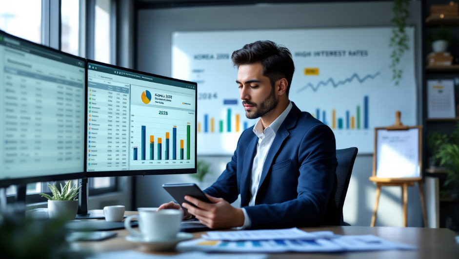 2026년 고금리 시대의 대출 구조 및 금리 부담 관리 전략을 표현하는 투자자 이미지