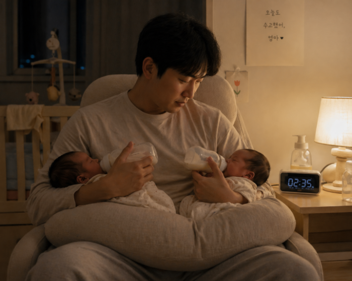 신생아 쌍둥이 밤 수유 중인 아빠 모습, 초보 아빠 육아 일상, 분유 수유 장면