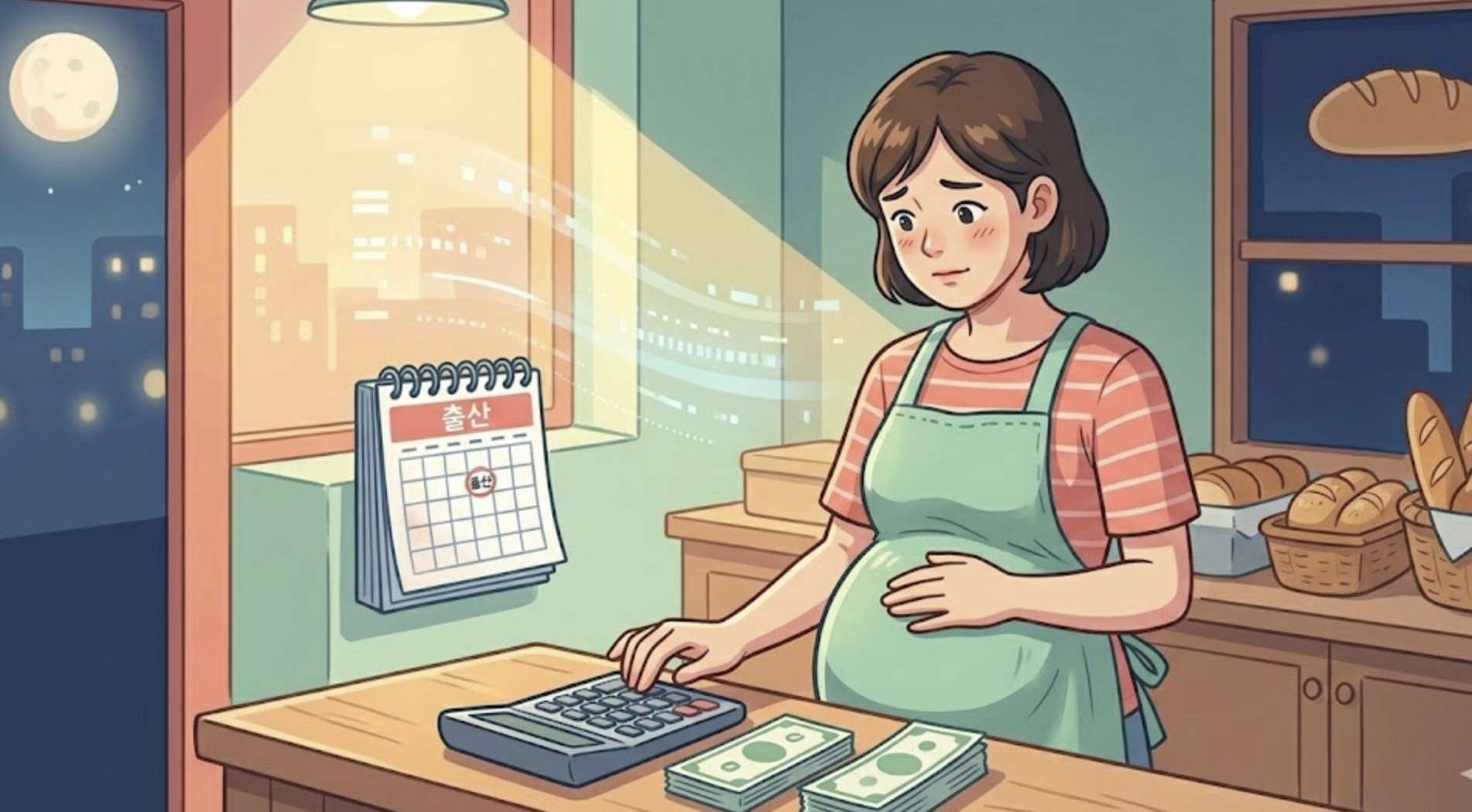 출산급여로 고민하는 자영업자의 모습 이미지