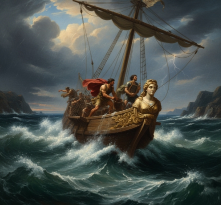 거친 파도를 헤치고 나아가는 아르고호와 영웅들 일러스트