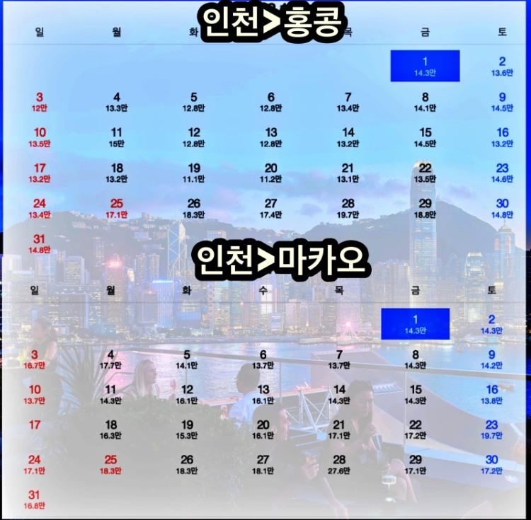 홍콩, 마카오 12월 항공권 가격