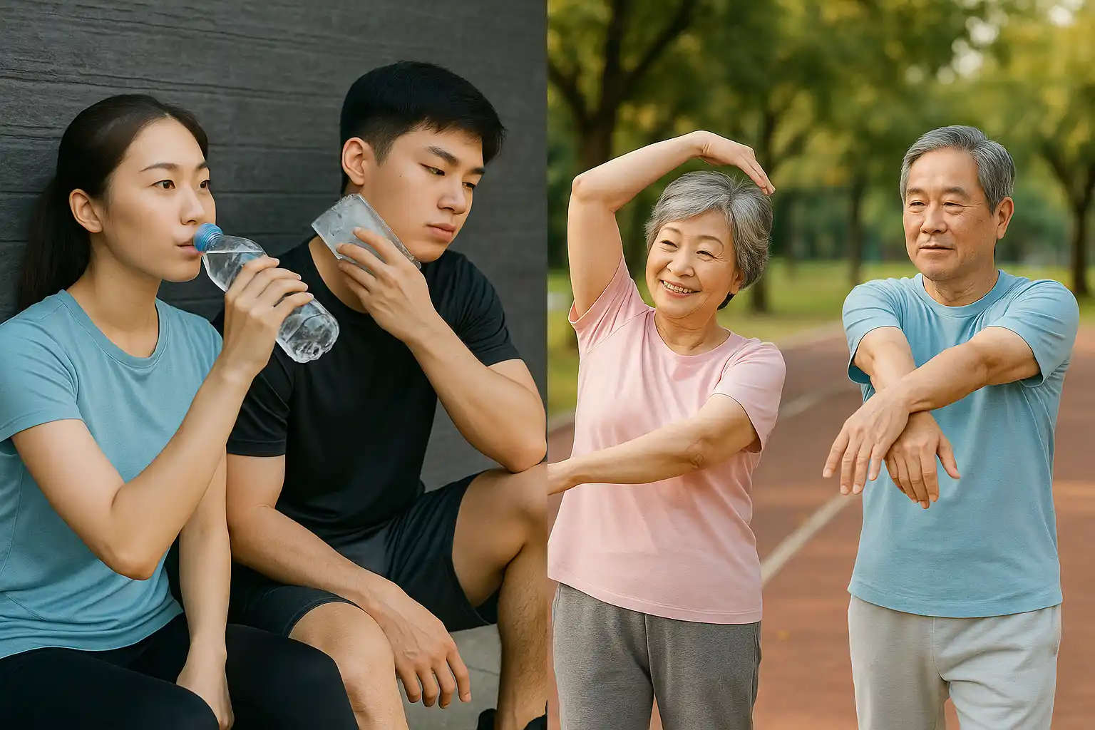 20-30대가 운동 전 수분 보충과 프리쿨링(얼음팩)을 하는 모습 vs 노년층이 스트레칭과 워밍업을 하는 모습
