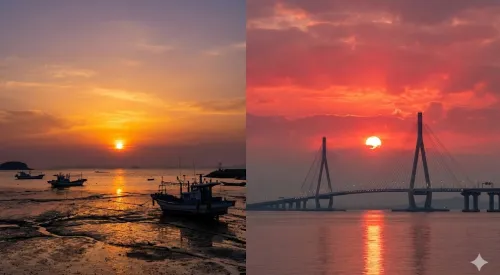 인천 서해안 갯벌 일몰 낙조와 인천대교 새해 일출 풍경