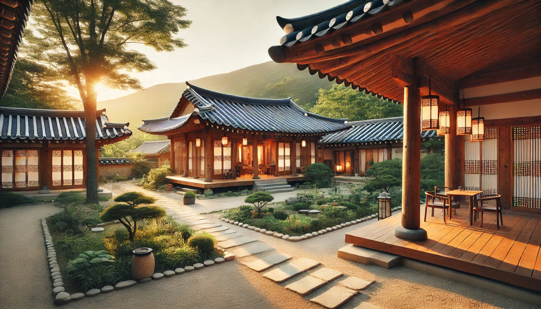 경주의 전통 한옥 스테이, 고즈넉한 마당과 나무 기둥이 어우러진 평온한 분위기의 숙소.