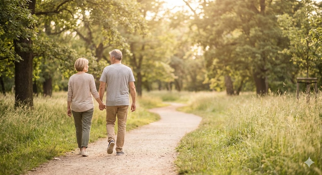 노을 지는 공원에서 여유롭게 산책하는 중장년 부부의 뒷모습