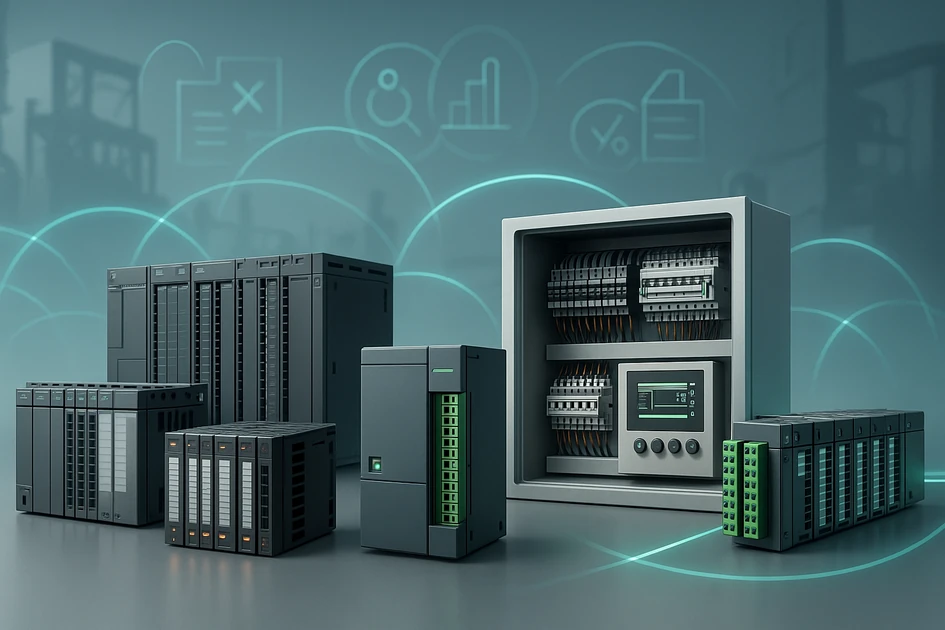 다양한 산업용 PLC 모듈과 제어반이 정렬되어 있고, 뒤로 스마트 팩토리 공장이 보이는 모습의 3D 일러스트, 브랜드 비교와 선택 가이드를 표현한 이미지