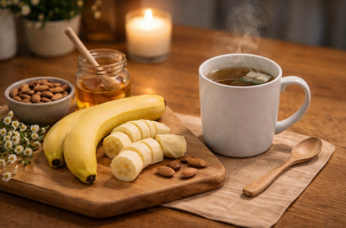 바나나, 아몬드, 허브차와 함께 차분하게 연출된 수면 유도 음식