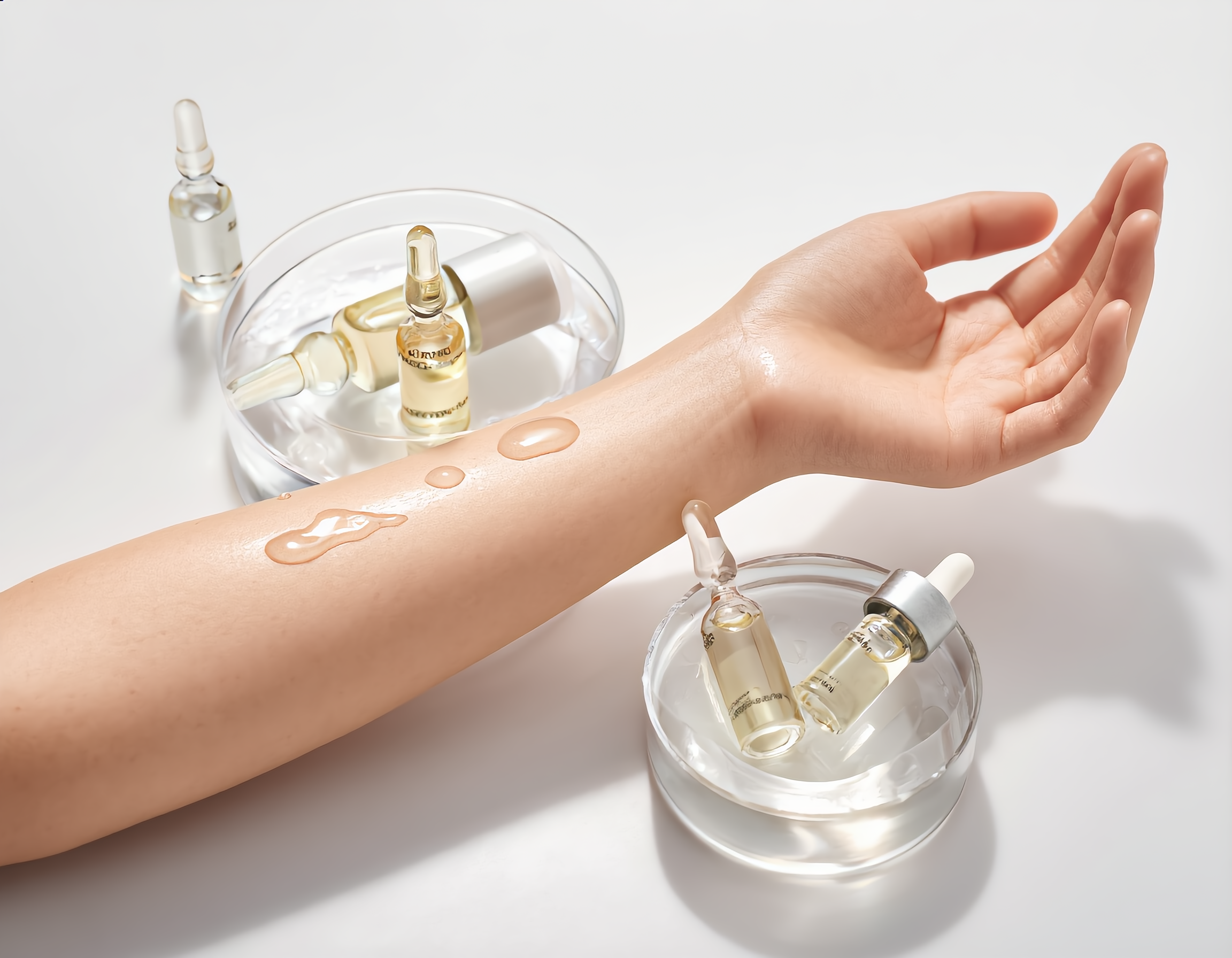 여러 종류의 진정 앰플 병들이 나란히 놓여 있거나, 손등에 앰플 텍스처를 보여주는 모습