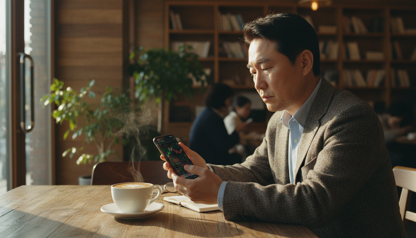 아늑한 카페에 앉아 스마트폰으로 주식 거래 앱을 보고 있는 50대 한국 남성. 사색에 잠긴 표정. 테이블 위에 놓인 커피 한 잔. 창문을 통해 들어오는 햇살. 자연스러운 라이프스타일 사진.