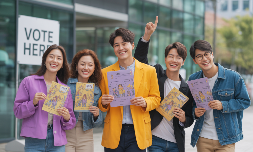 2025년 제21대 대통령선거 투표인증종이를 들고 기쁘게 포즈를 취하는 MZ세대 유권자들의 모습. 밝은 보라색과 노란색이 강조된 현대적인 일러스트로 투표 참여의 활기찬 분위기를 표현.
